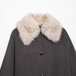 Women's brown wool jacket with plush beige faux fur collar and black buttons