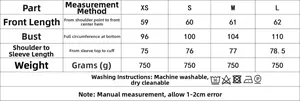 Guide des tailles pour veste en PU avec mesures en cm pour XS à L et conseils d'entretien