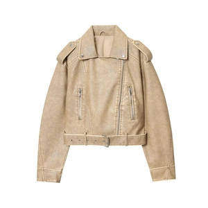 Detail of light brown washed faux leather motorcycle jacket with metal buckle belt