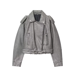 Detail of grey washed faux leather biker jacket with silver zippers and waist belt
