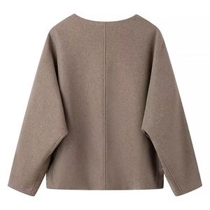 Back view of brown V-neck woolen jacket with drop shoulders and detailed stitching seam