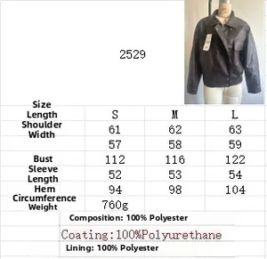 Size guide for faux leather jacket showing measurements and material composition