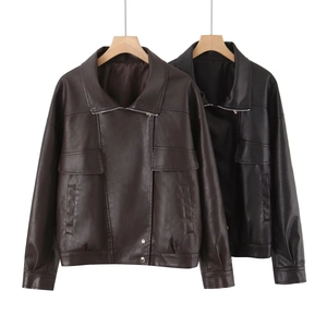 Women Casual Faux Leather PU Jacket Lapel Long Sleeve Loose Fit Zipper Biker Coat With Pockets Vintage Streetwear Outerwear