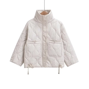 Fashionable stand collar quilted jacket for women with wavy stitching and drawstring detail