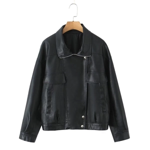 Detail of black PU leather jacket with wide lapels and asymmetric silver zipper