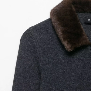 Women's dark grey knit cardigan with a brown faux fur collar and textured finish