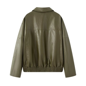 Olive green faux leather jacket for women with vintage loose fit and elastic hem
