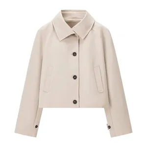 Women's Fashion Short Trench Coat Lapel Single Breasted Cropped Jacket Solid Color Loose Fit Casual Commuter Outerwear Beige