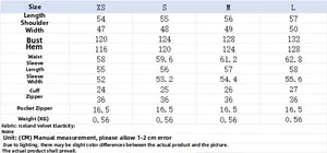 Detailed sizing chart for long sleeve half-zip jacket with Iceland velvet measurements