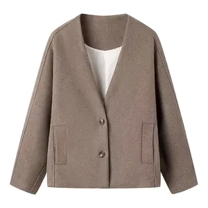 Women V-Neck Collarless Woolen Texture Coat Autumn Loose Fit Button Short Jacket Taupe Brown Long Sleeve Outerwear Clothing