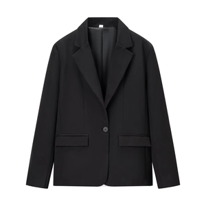 Close-up of black single-breasted blazer featuring notch lapels and flap pockets