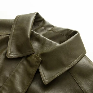 Loose fit vintage olive green leather jacket for women with lapel collar and fine stitching