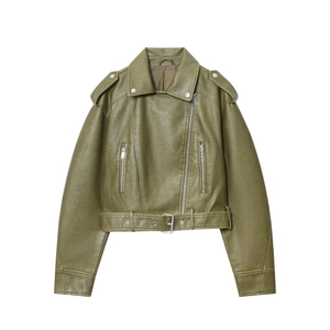 Detail of olive green faux leather biker jacket with metallic zipper and waist belt