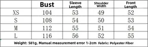 Size chart for women's long sleeve jacket showing chest and shoulder measurements