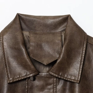 Front view of brown PU leather jacket featuring stylish lapel and premium textured finish