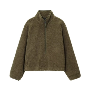 Olive green teddy fleece pullover with half-zip stand collar and long sleeves