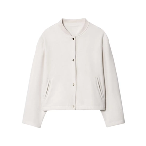 Women Casual White Round Neck Baseball Jacket Loose Single Breasted Long Sleeve Streetwear Outerwear Coat