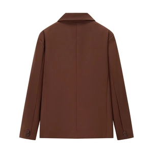 Back view of a tailored dark brown blazer with structured seams and smooth woven fabric