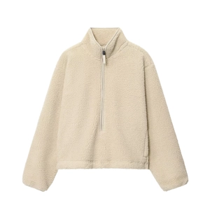 Chic beige sherpa fleece pullover with quarter-zip standing collar and loose fit design