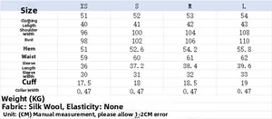 Detaillierte Größentabelle für einfarbige Langarmjacke mit den Maßen von XS bis L