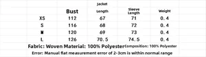 Detailed size chart for polyester jacket with chest and sleeve length measurements