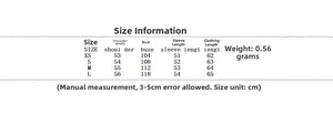 Detailed size guide table with measurements for women's casual zip-up jacket in cm