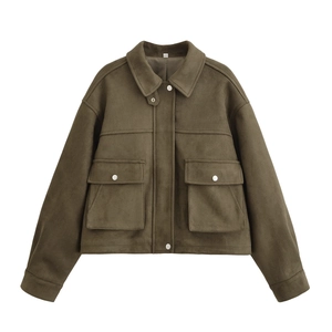 Women's Faux Suede Cargo Jacket Loose Fit Cropped Streetwear Outerwear With Pockets Lapel Zipper Metal Buttons Long Sleeve Jacket