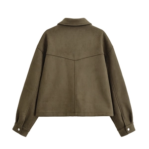Macro detail of the back V-shaped stitching on this dark olive faux suede jacket