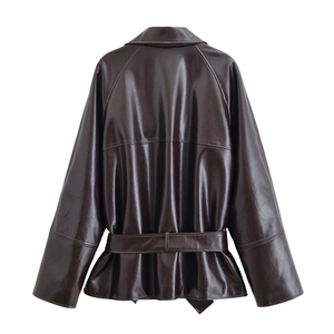 Back view of a dark brown PU leather jacket with a waist belt and pleated hem detail