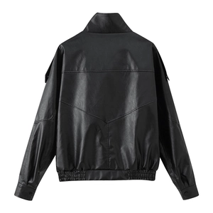 Veste en cuir PU noir pour femme avec coutures au dos et taille élastique élégante