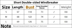 Size chart for women's reversible short trench coat showing measurements for S, M, and L