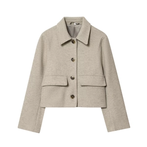 Damen Kurz geschnittene Wolljacke Einfarbig Revers Langarm Einreihiger Mantel Mit Taschen Casual Streetwear Oberbekleidung