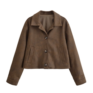 Veste Décontractée en Suédine pour Femmes Col Revers Boutonnage Simple Couleur Unie Manteau Court Manches Longues Automne Hiver