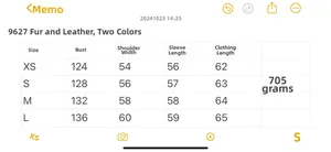 Size guide for faux shearling coat including bust, shoulder, and sleeve length details