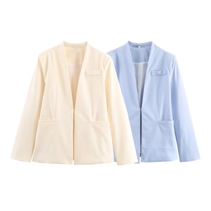 Giacca da Donna Fashion Senza Collo Scollo a V Slim Fit Blazer Manica Lunga Tinta Unita Office Lady Casual Outwear