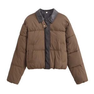 Giacca Trapuntata in Cotone Vintage Donna Colletto in Pelle PU a Contrasto Patchwork Cappotto Imbottito Antivento Capispalla Larghi Caldo Top Invernale