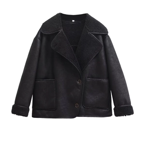Detailed view of the black faux shearling jacket with large lapels and suede finish texture