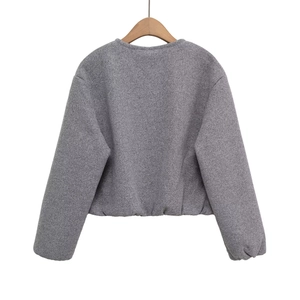 Back view of grey fleece jacket with crew neck and ribbed elastic cuffs and hem