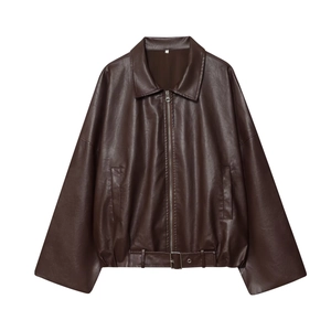 Veste en Similicuir Vintage pour Femme Avec Ceinture et Poches Brun Foncé Coupe Ample Revers Manches Longues PU Moto Biker