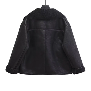 Back view of a black faux leather shearling jacket with lambswool collar and trim