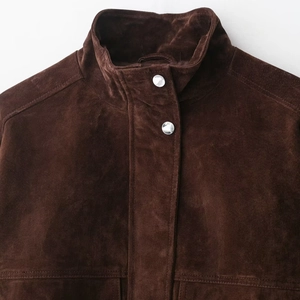 Dark brown suede aviator jacket featuring a stand collar and metal button details