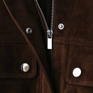 Dark brown suede aviator jacket with premium metal zippers and pocket detail