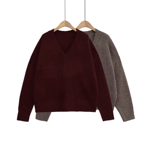Pull en Tricot Décontracté à Col en V pour Femme Manches Longues Pull Oversize Nervuré Couleur Unie Top en Tricot Streetwear