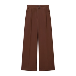 Detail of high-waist wide-leg dress pants in coffee brown with pleated front design