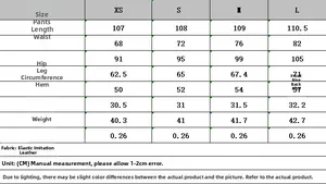 Detailed size chart for women's straight-leg trousers showing XS to L measurements