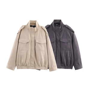 Giacca In Camoscio Da Donna Collo Alto Tasca Utility Spallina Capispalla Casual Cerniera