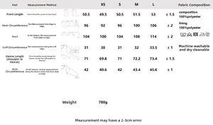 Detailed size chart for khaki double-breasted jacket with fabric and care instructions