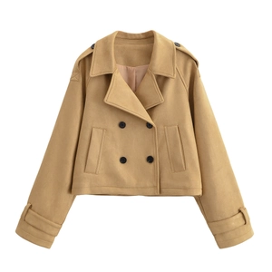 Women Double Breasted Short Trench Coat Khaki Lapel Long Sleeve Faux Suede Jacket Casual Outerwear Fashion Slim Streetwear Top