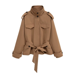 Giacca a Vento Khaki da Donna con Collo Rialzato Cintura Tasche Streetwear Trench Corto Casual Autunnale