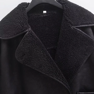 Fashionable black faux suede and shearling jacket with oversized collar and thick lining